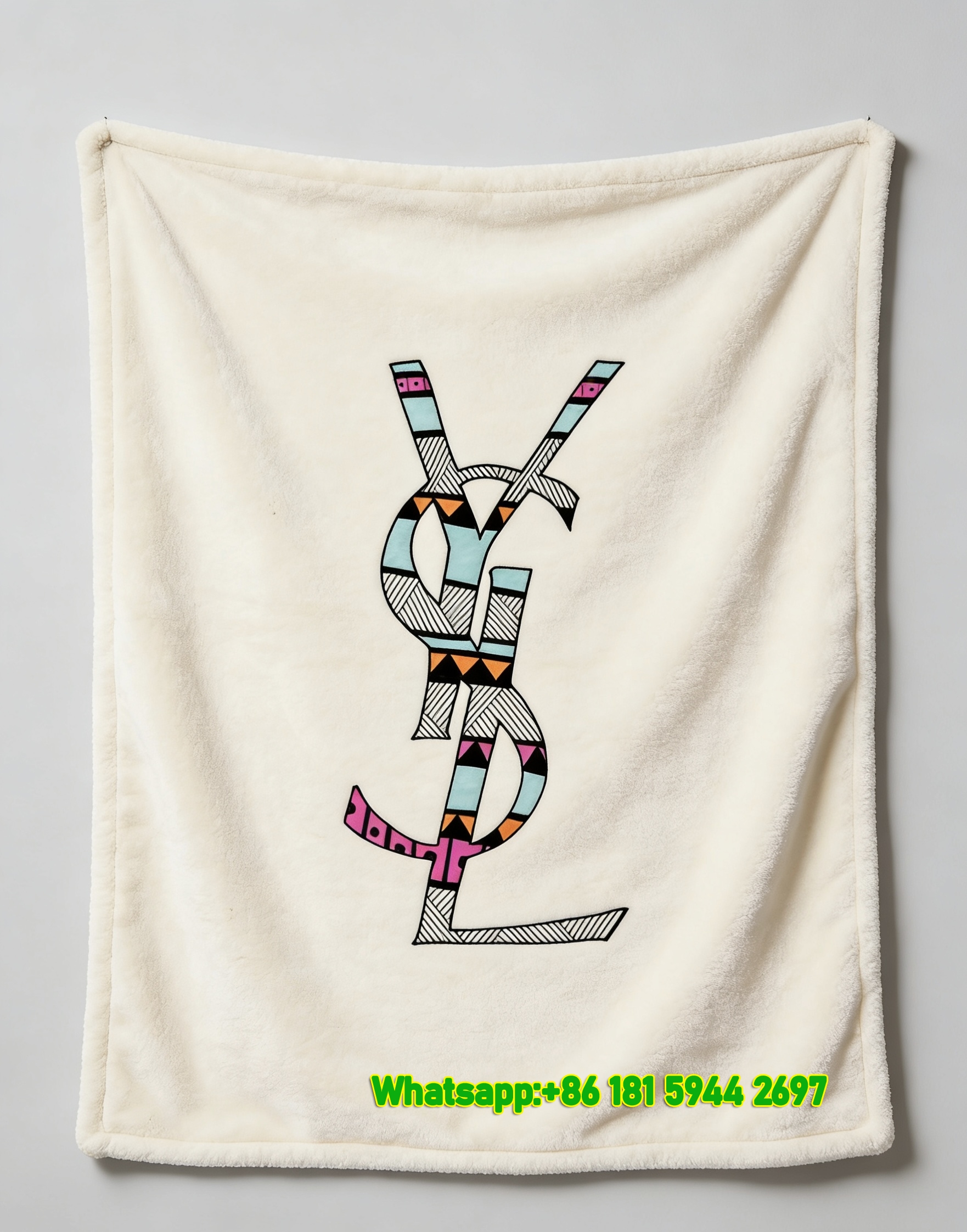 Yves Saint Laurent YSL Turquoise Pink Black White Geometric Printed Flannel Sofa Throw Blanket IMG_3219